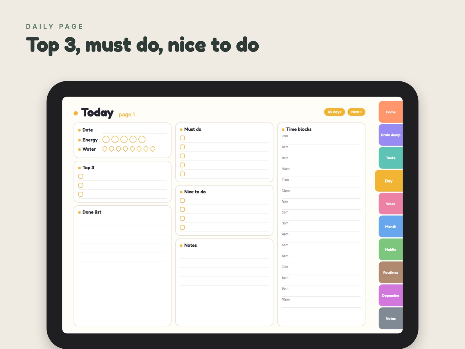 Day page with top 3, must do, nice to do and time blocks