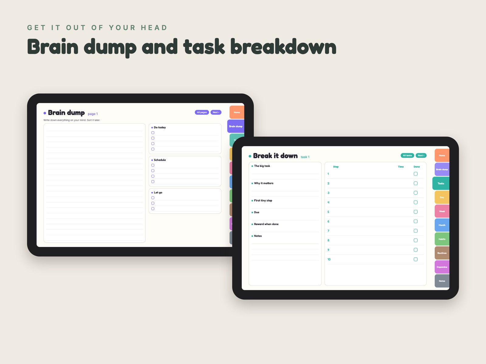 Brain dump page and task breakdown page