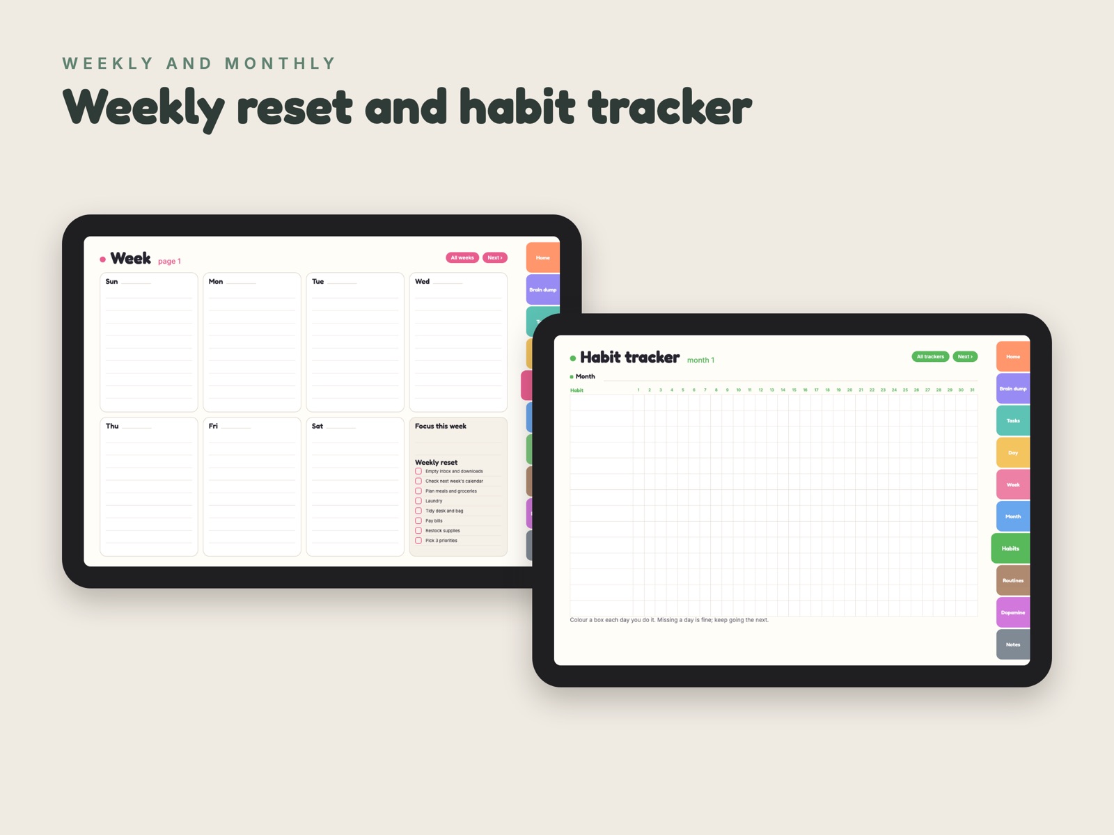 Week page with weekly reset, and habit tracker