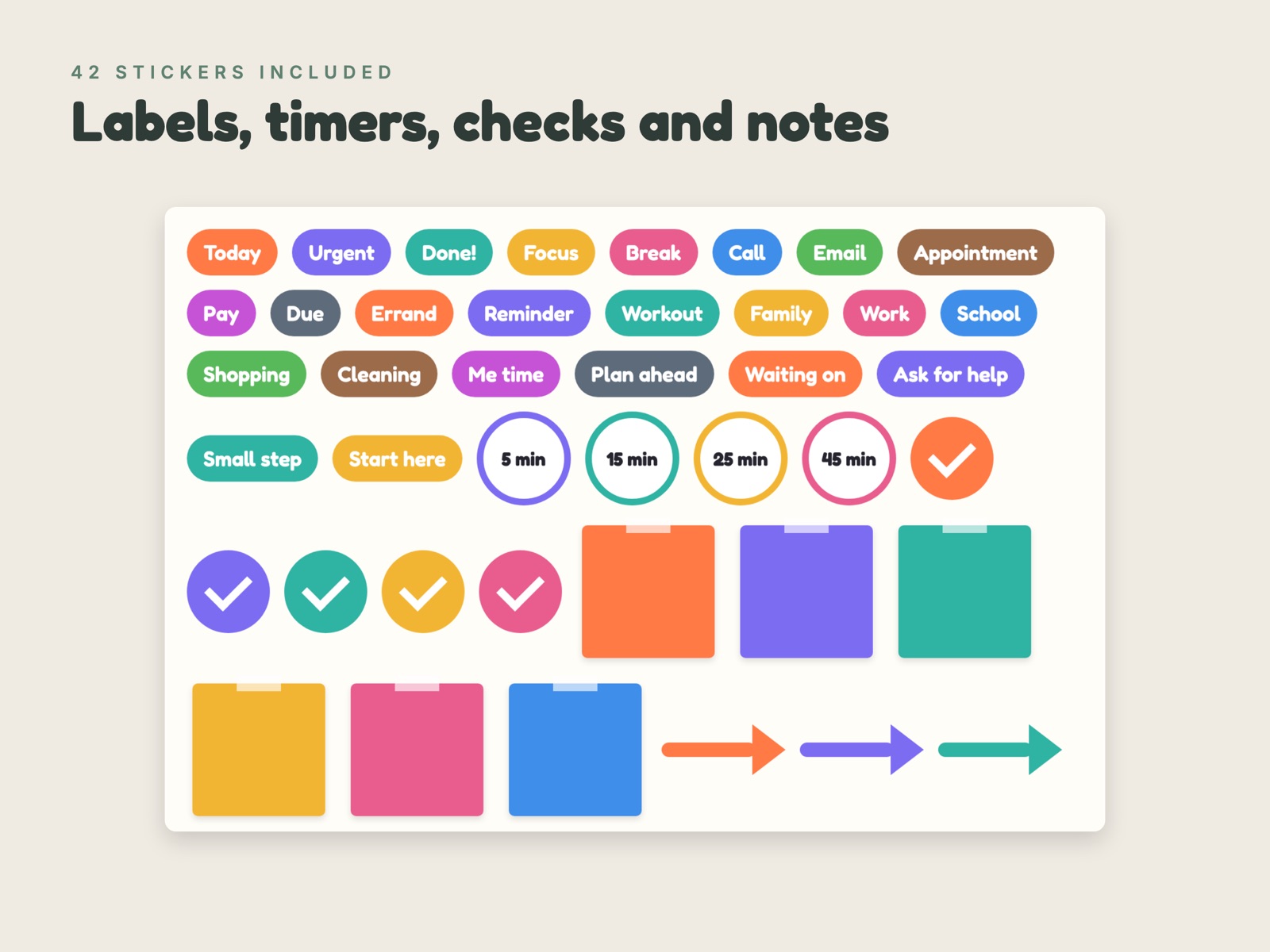 Sheet of 42 stickers: labels, timers, checks, sticky notes and arrows
