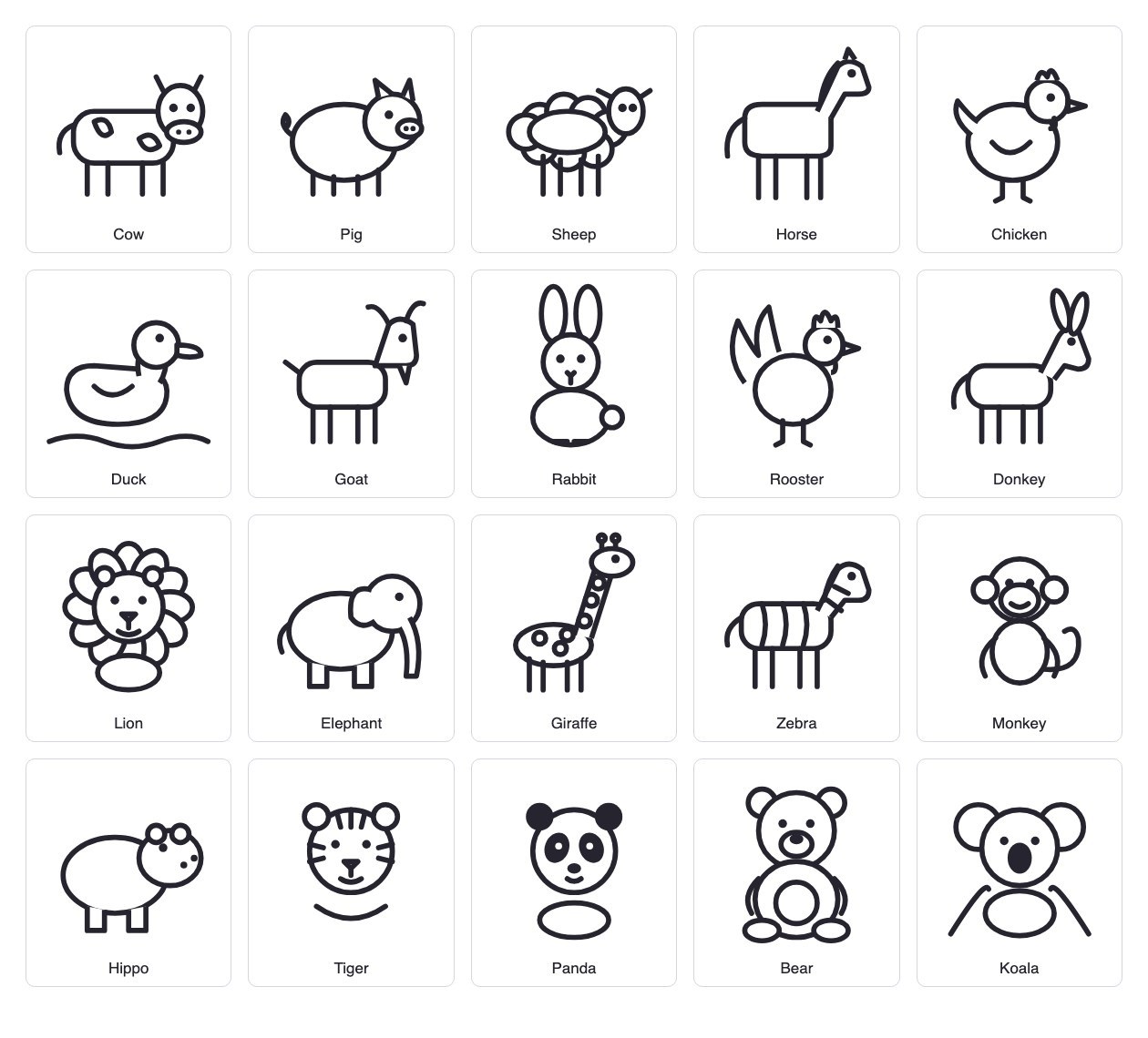 Farm and zoo animal coloring pages: cow, pig, sheep, horse, lion, elephant, giraffe and more