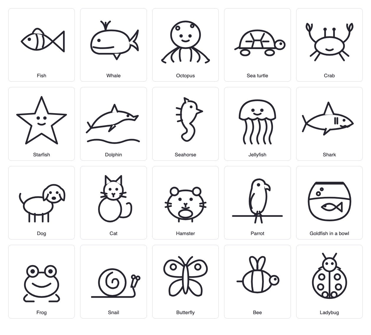 Sea animal and pet coloring pages: whale, octopus, crab, dog, cat, frog and more