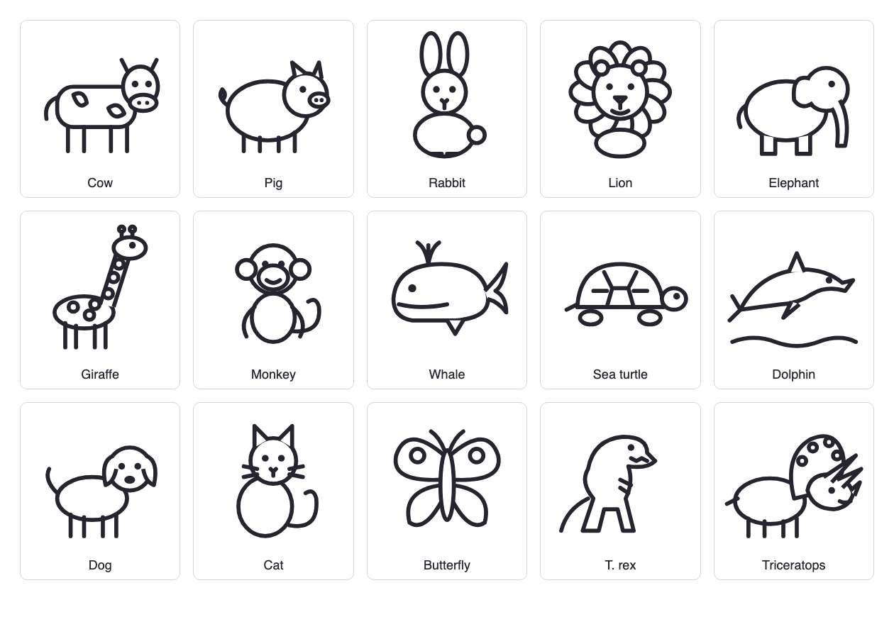 All 15 animal coloring pictures: cow, pig, rabbit, lion, elephant, giraffe, monkey, whale, sea turtle, dolphin, dog, cat, butterfly, T. rex and triceratops