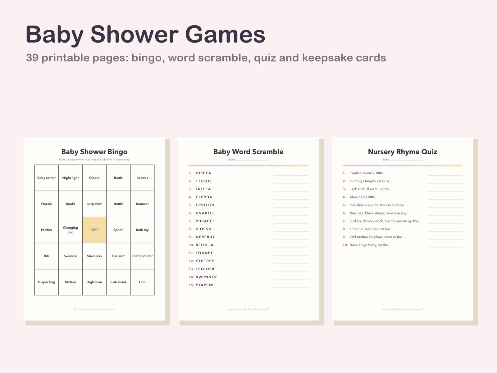 Baby shower bingo card, word scramble and nursery rhyme quiz pages