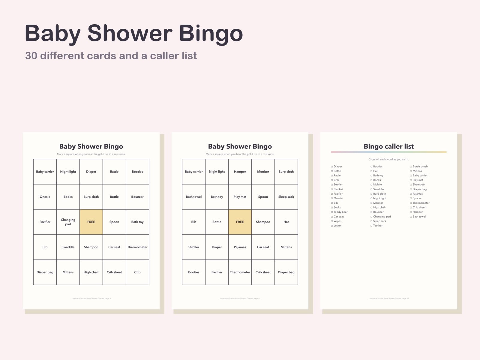 Two bingo cards and the caller list