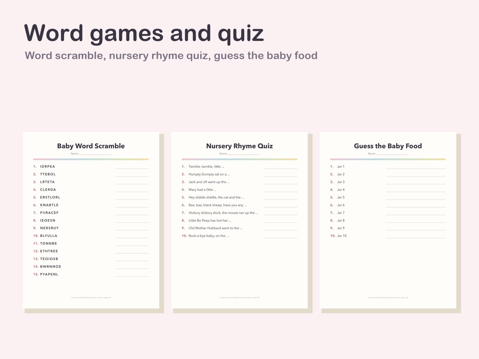 Word scramble, nursery rhyme quiz and baby food pages