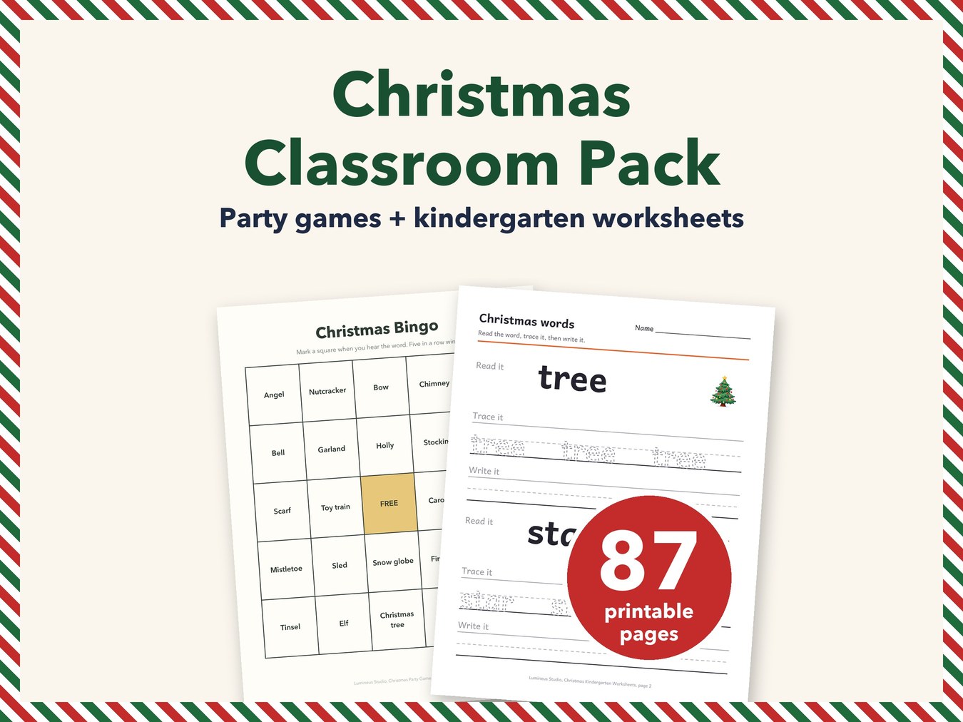 Christmas Classroom Pack: a bingo card and a Christmas words worksheet