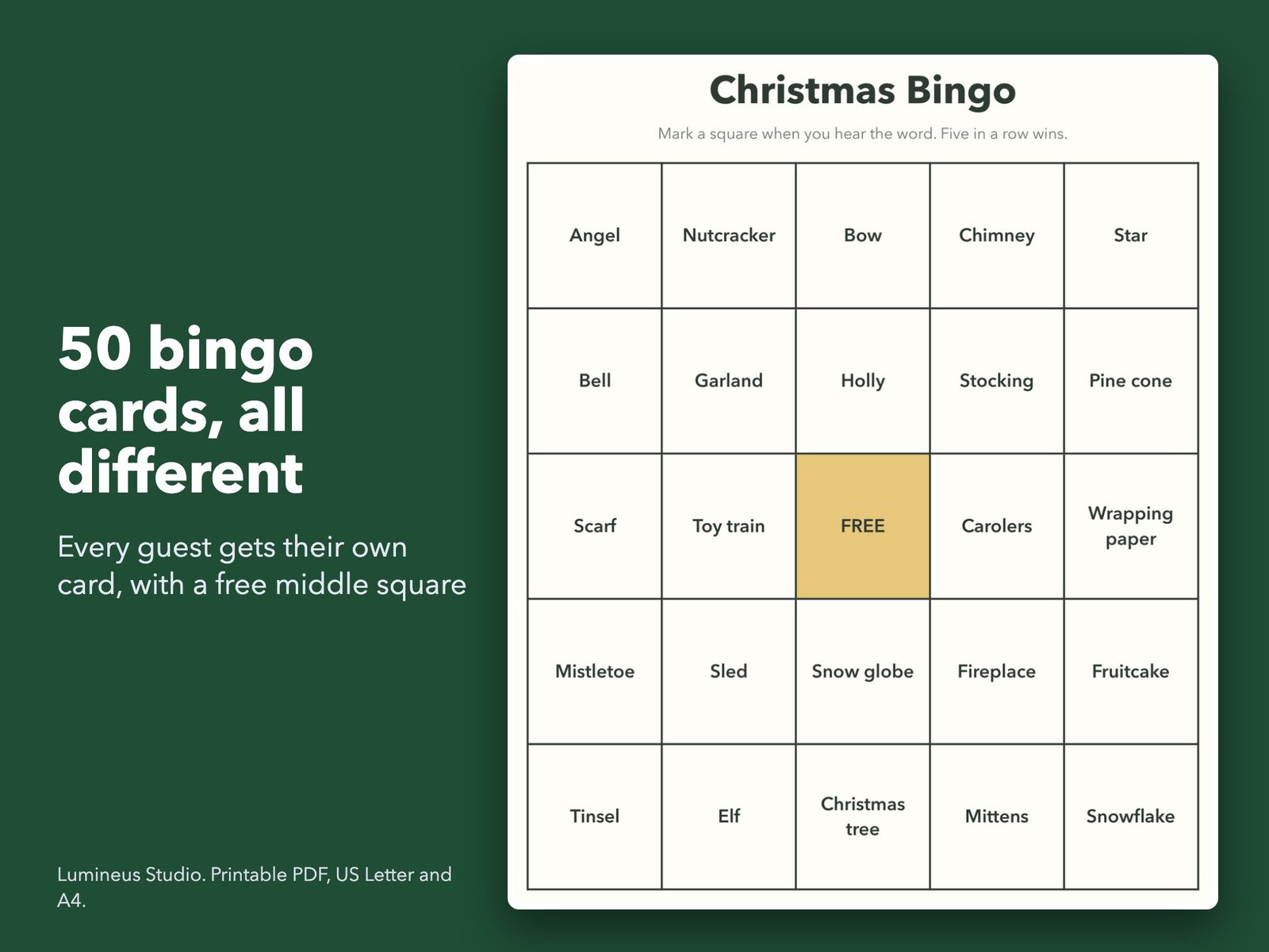 A Christmas bingo card from the set of 50