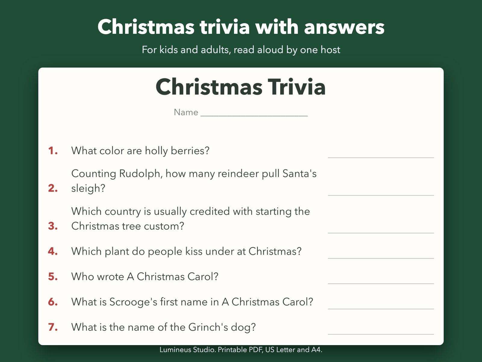 Christmas trivia page with answers
