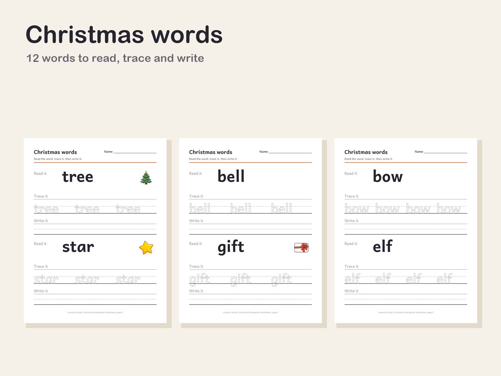 Christmas words worksheets: read, trace and write