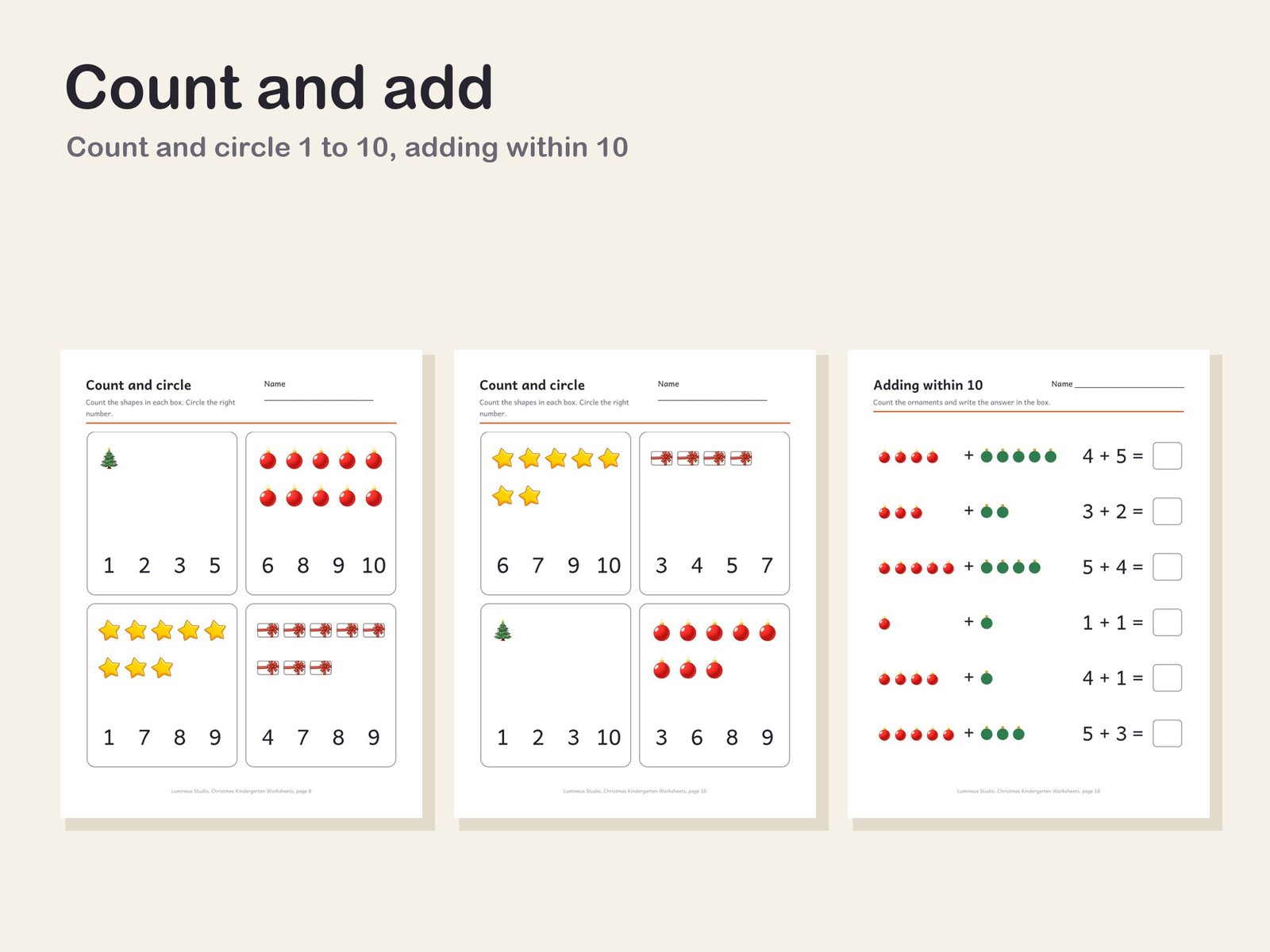 Christmas counting and adding worksheets