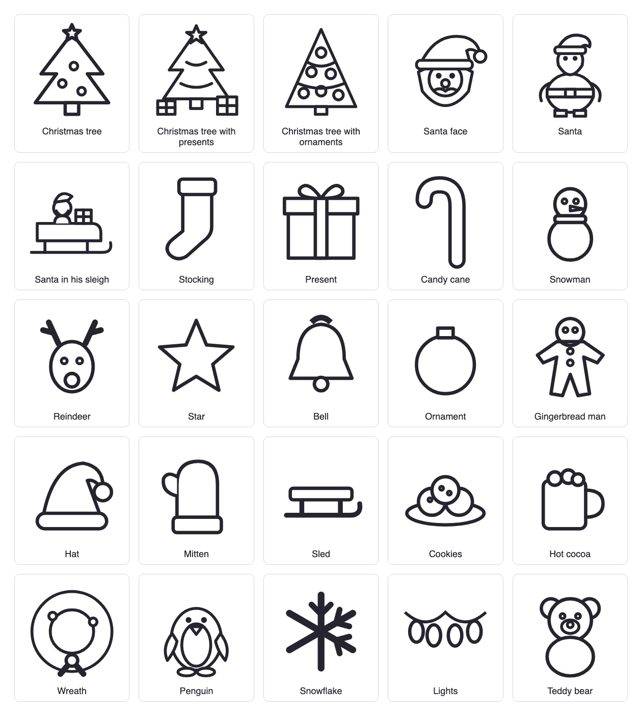 All 25 Christmas coloring pictures: three Christmas trees, three Santas, a snowman, a reindeer, a stocking and more
