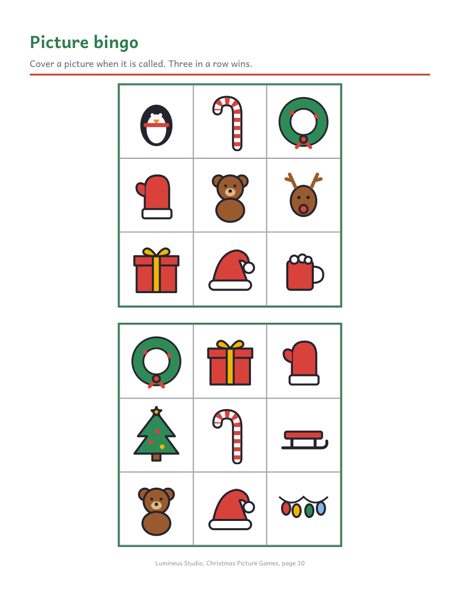 Two Christmas picture bingo cards from the full pack