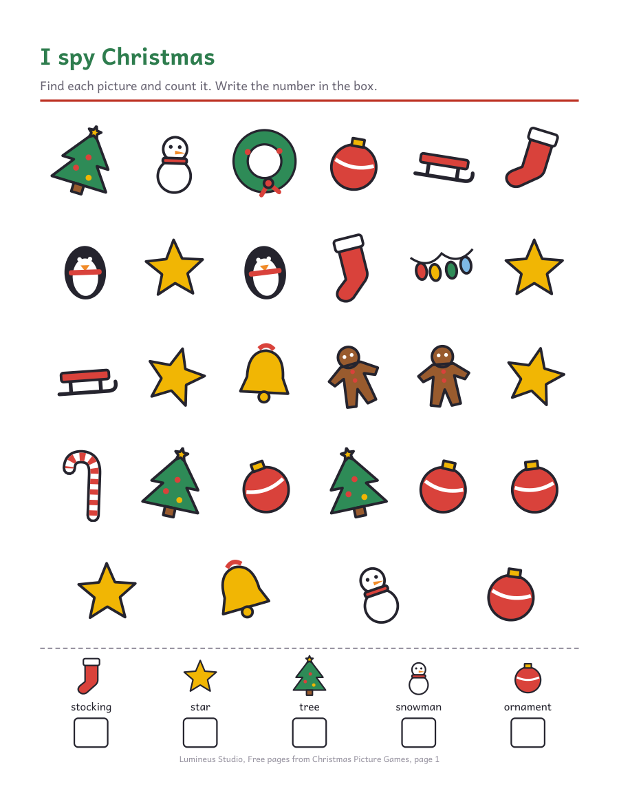 A Christmas I spy page with five pictures to find and count at the bottom