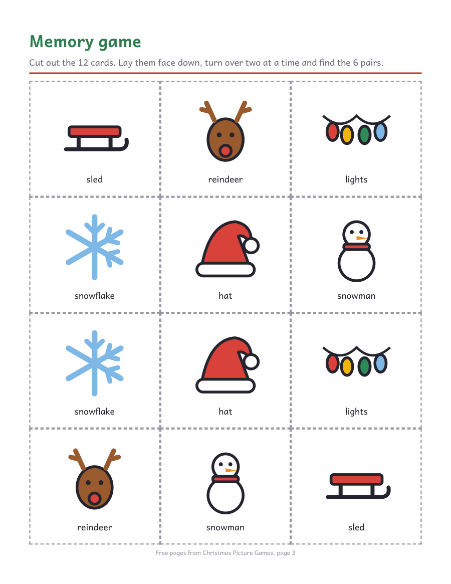 Six pairs of Christmas memory cards to cut out
