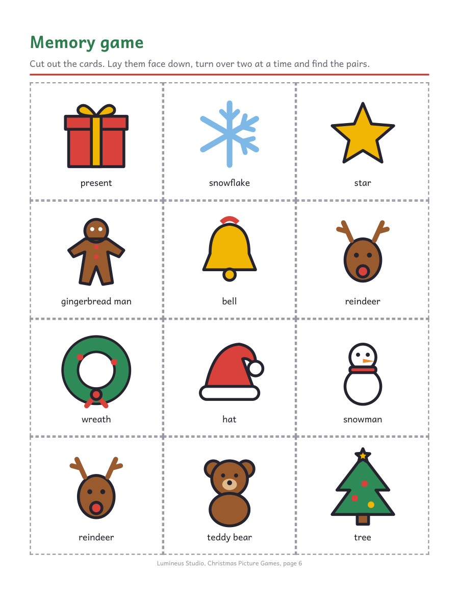 A page of Christmas memory game cards from the full pack