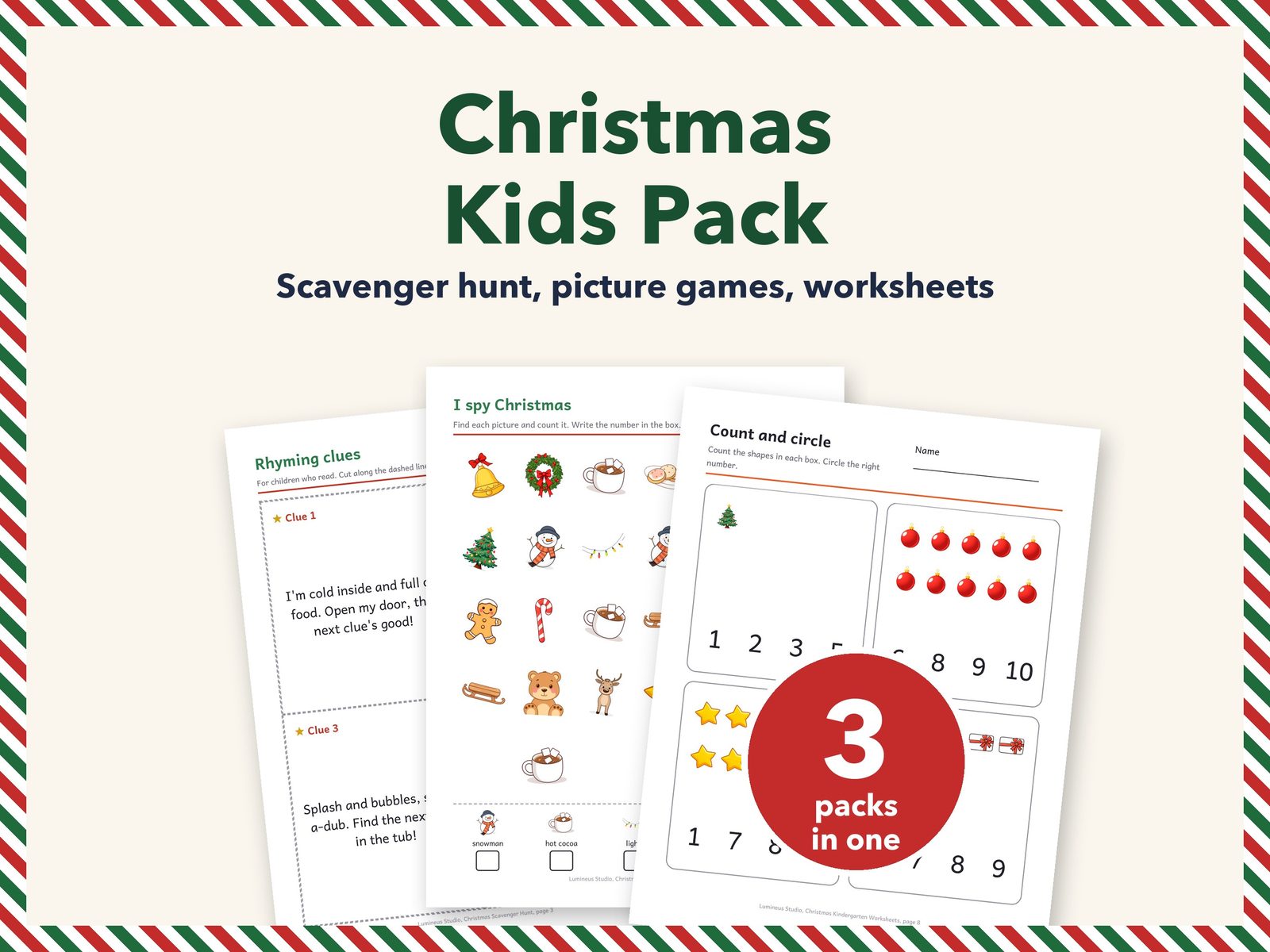 Christmas Kids Pack: rhyming clue cards, an I spy page and a counting worksheet