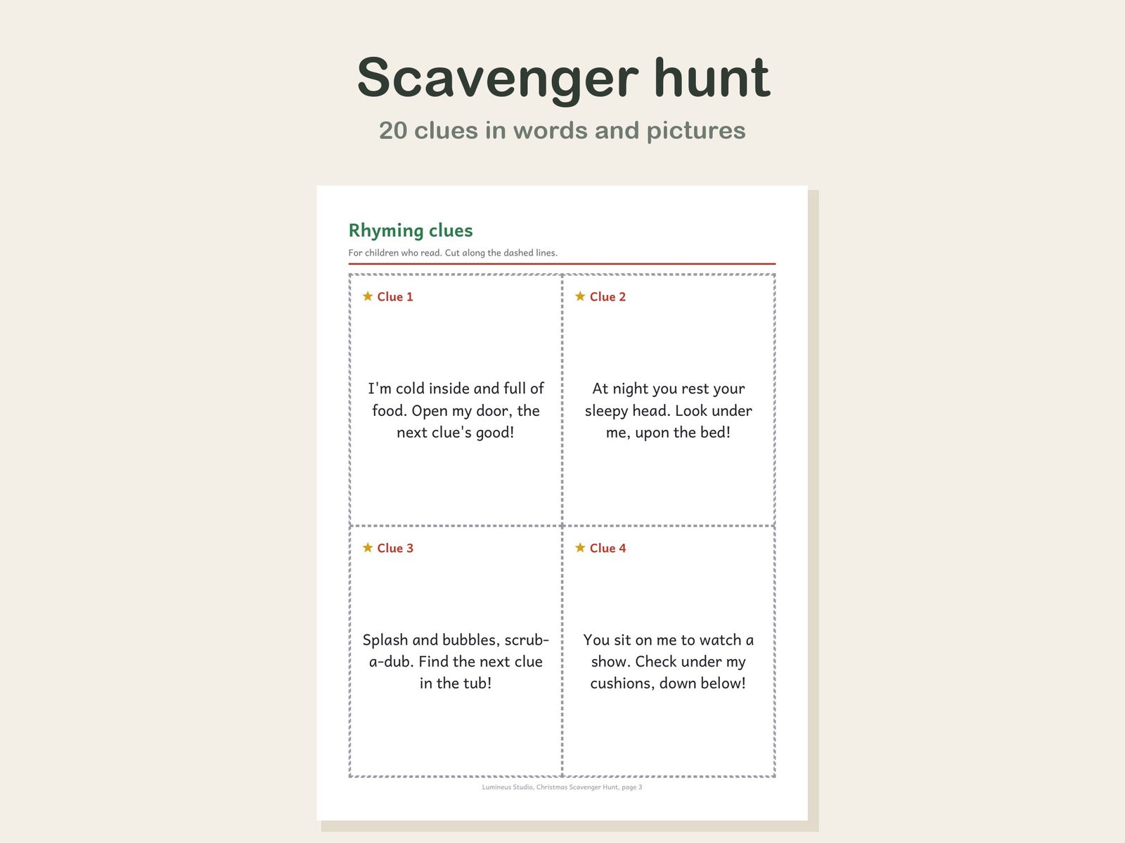 Rhyming Christmas scavenger hunt clue cards