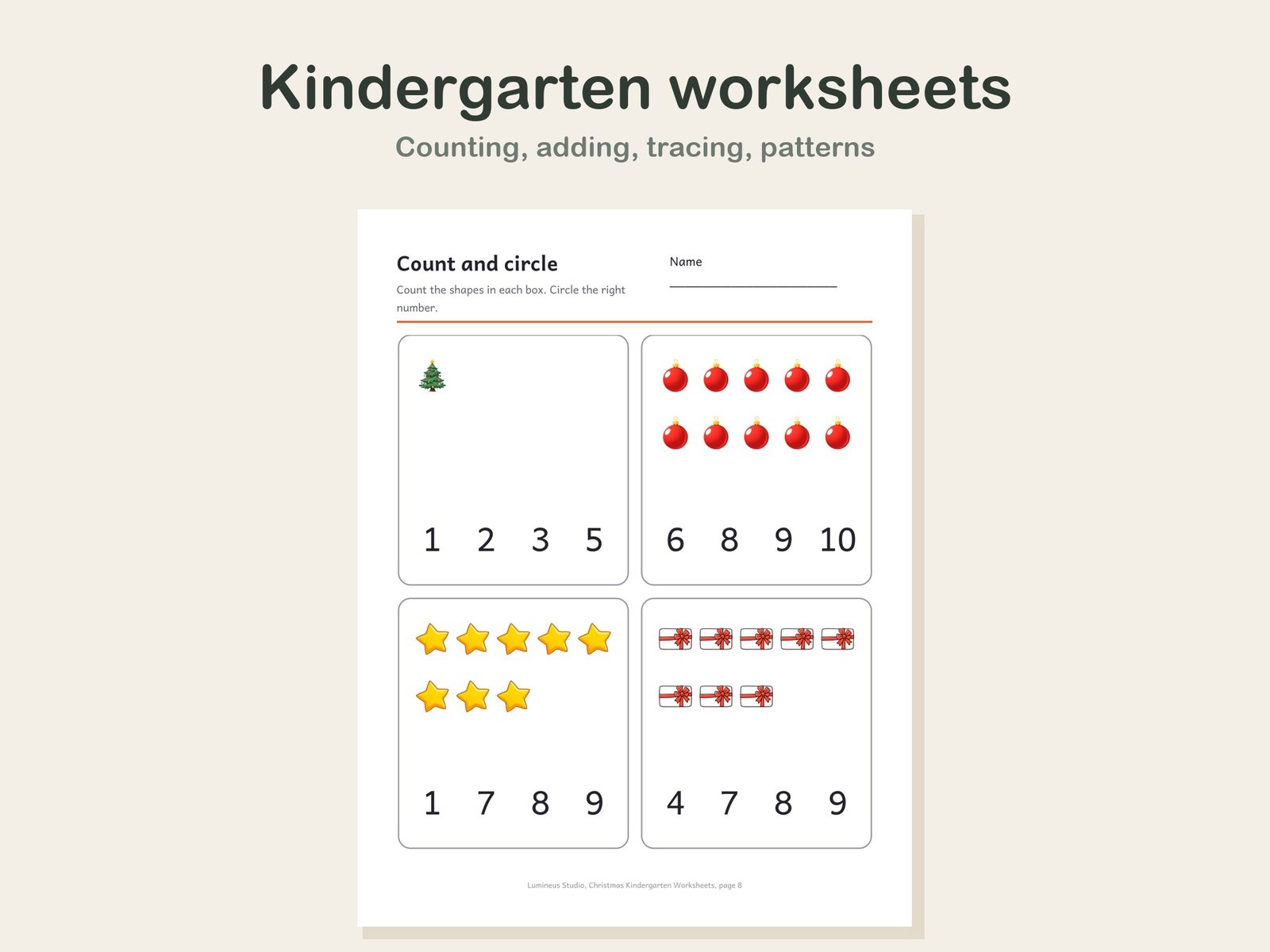 Christmas kindergarten counting and tracing worksheets