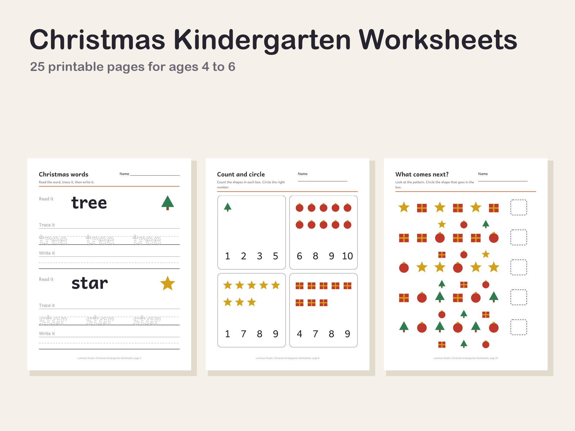 Christmas word tracing, counting and pattern worksheets