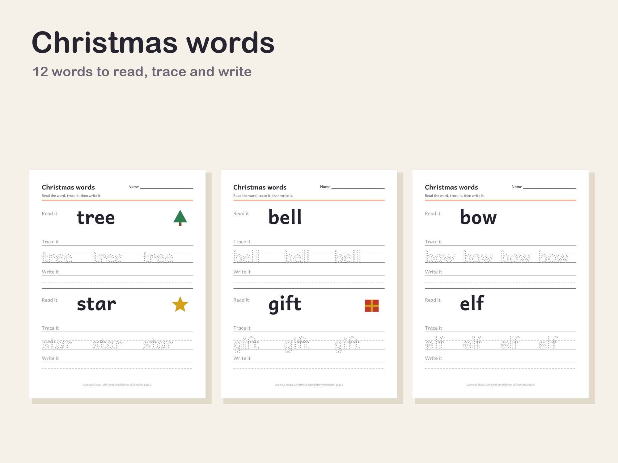 Christmas word tracing pages for tree, star, bell and gift