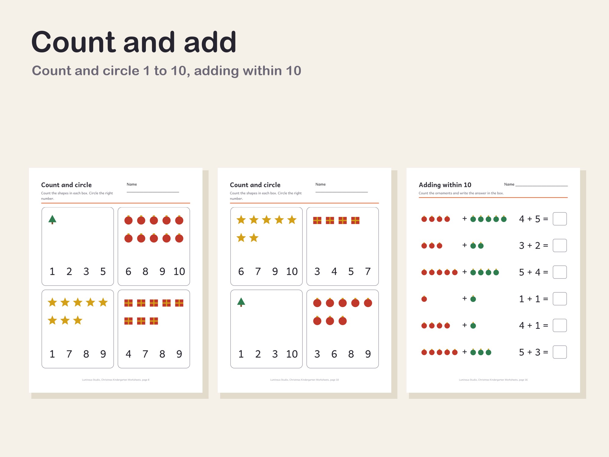 Count and circle and adding within 10 pages with ornaments