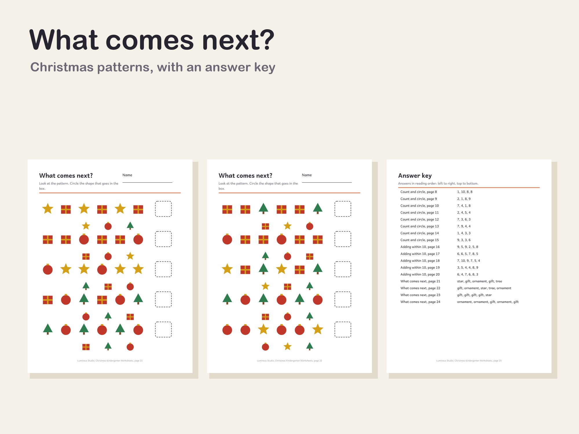 What comes next pattern pages and the answer key