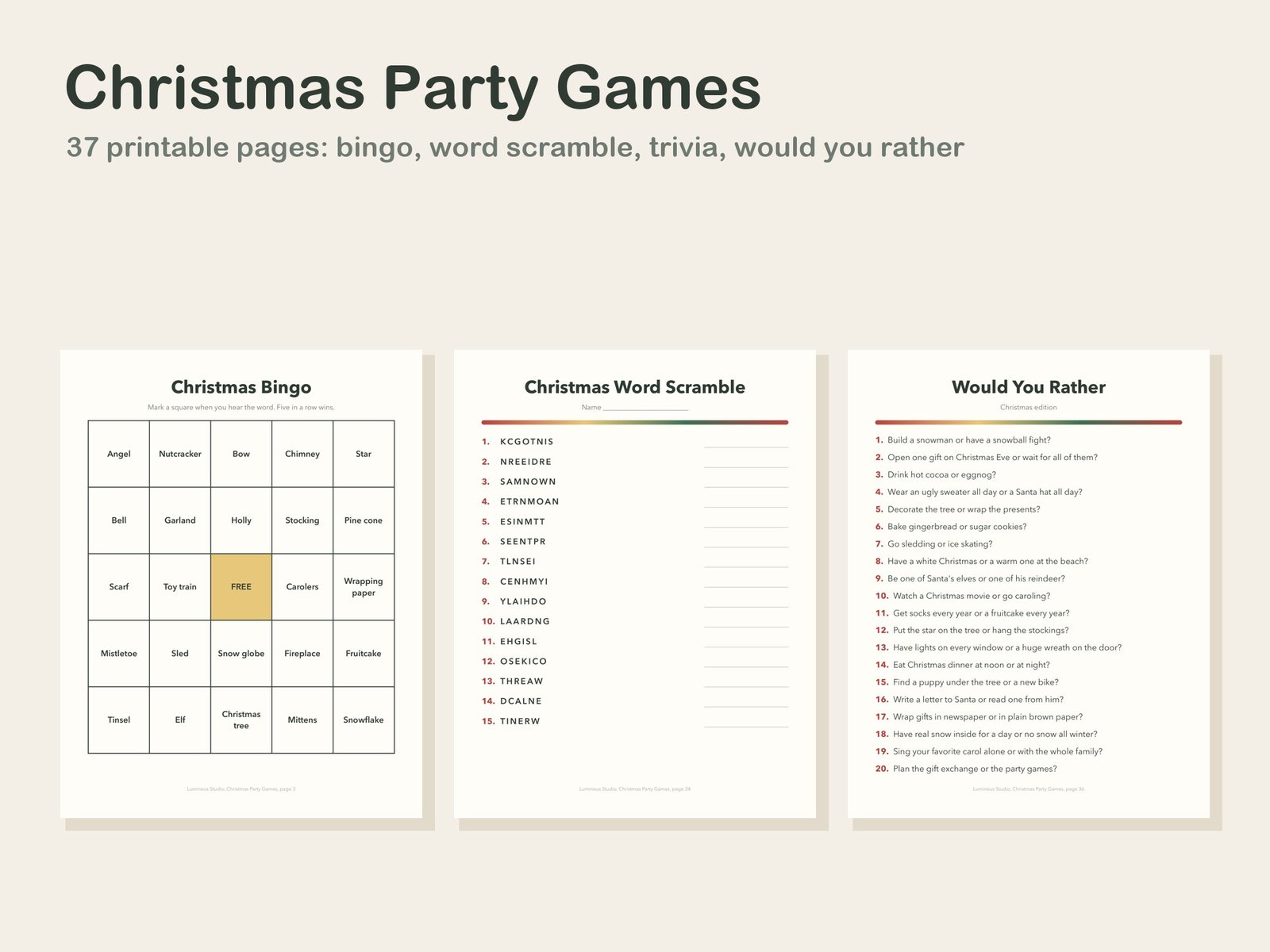 Christmas bingo card, word scramble and would you rather pages