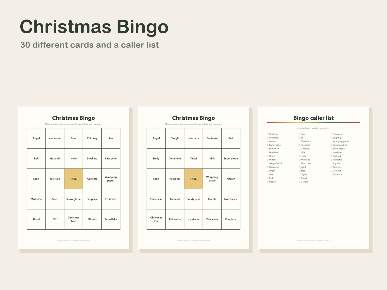 Two Christmas bingo cards and the caller list