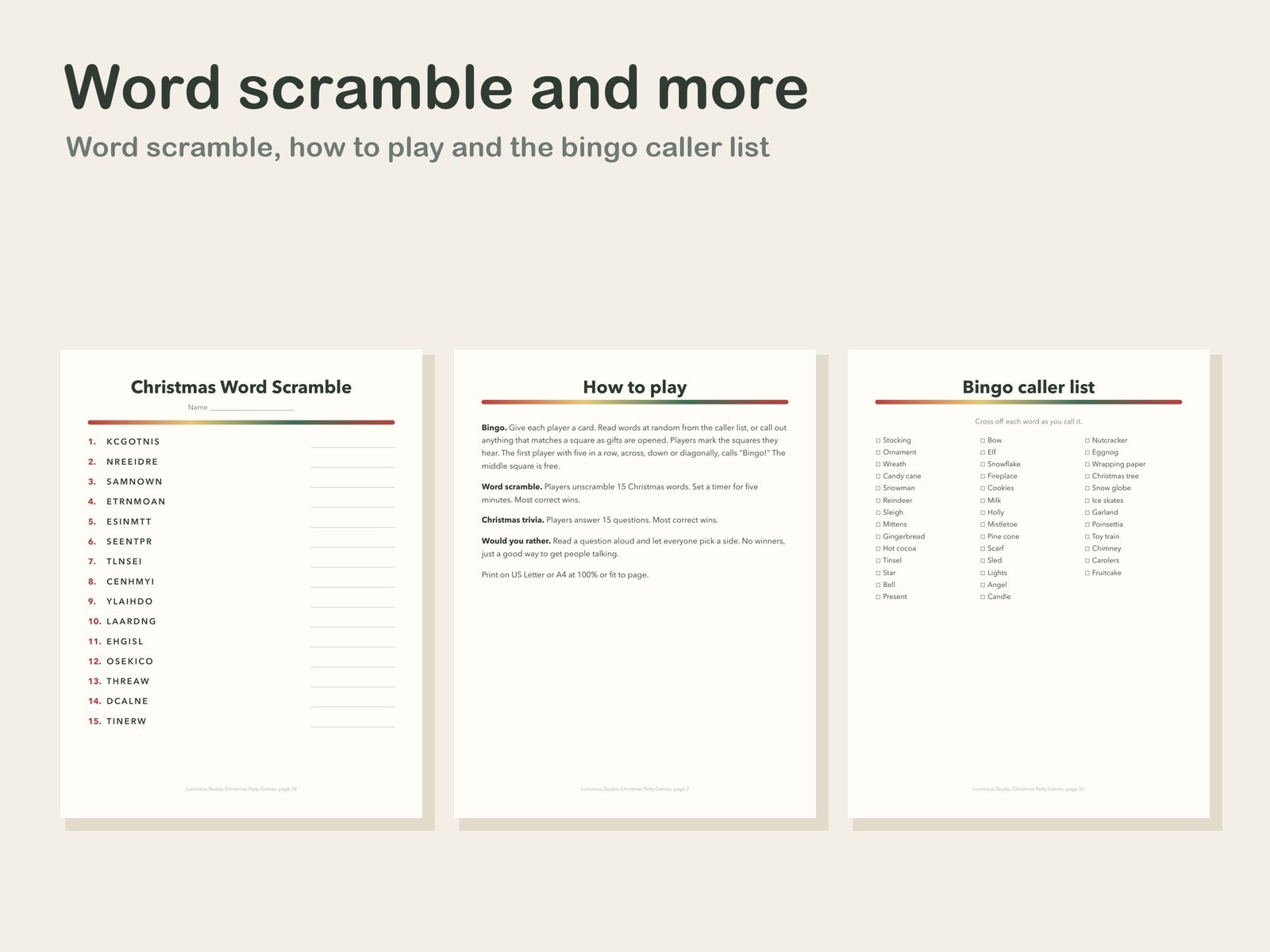 Word scramble, how to play page and bingo caller list