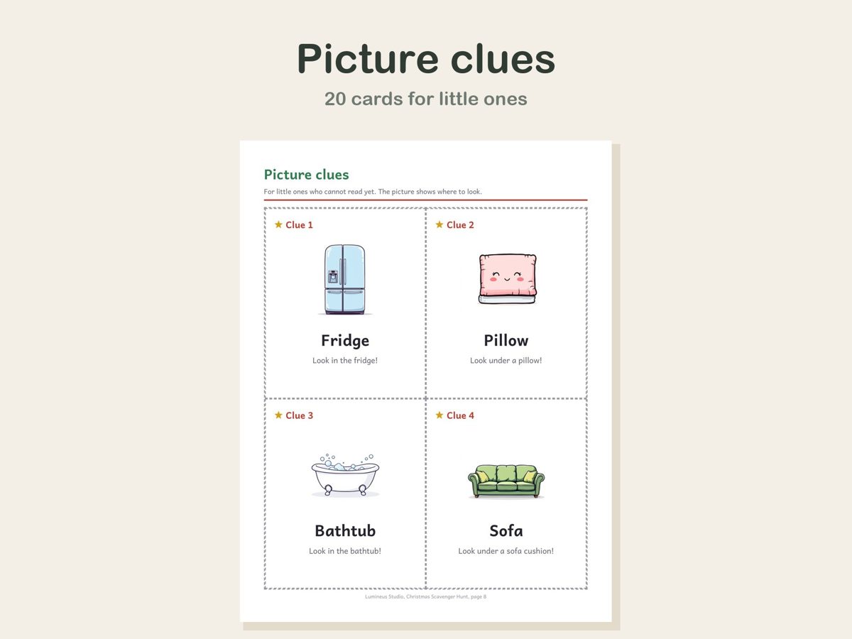 A page of four picture clue cards: fridge, pillow, bathtub and sofa