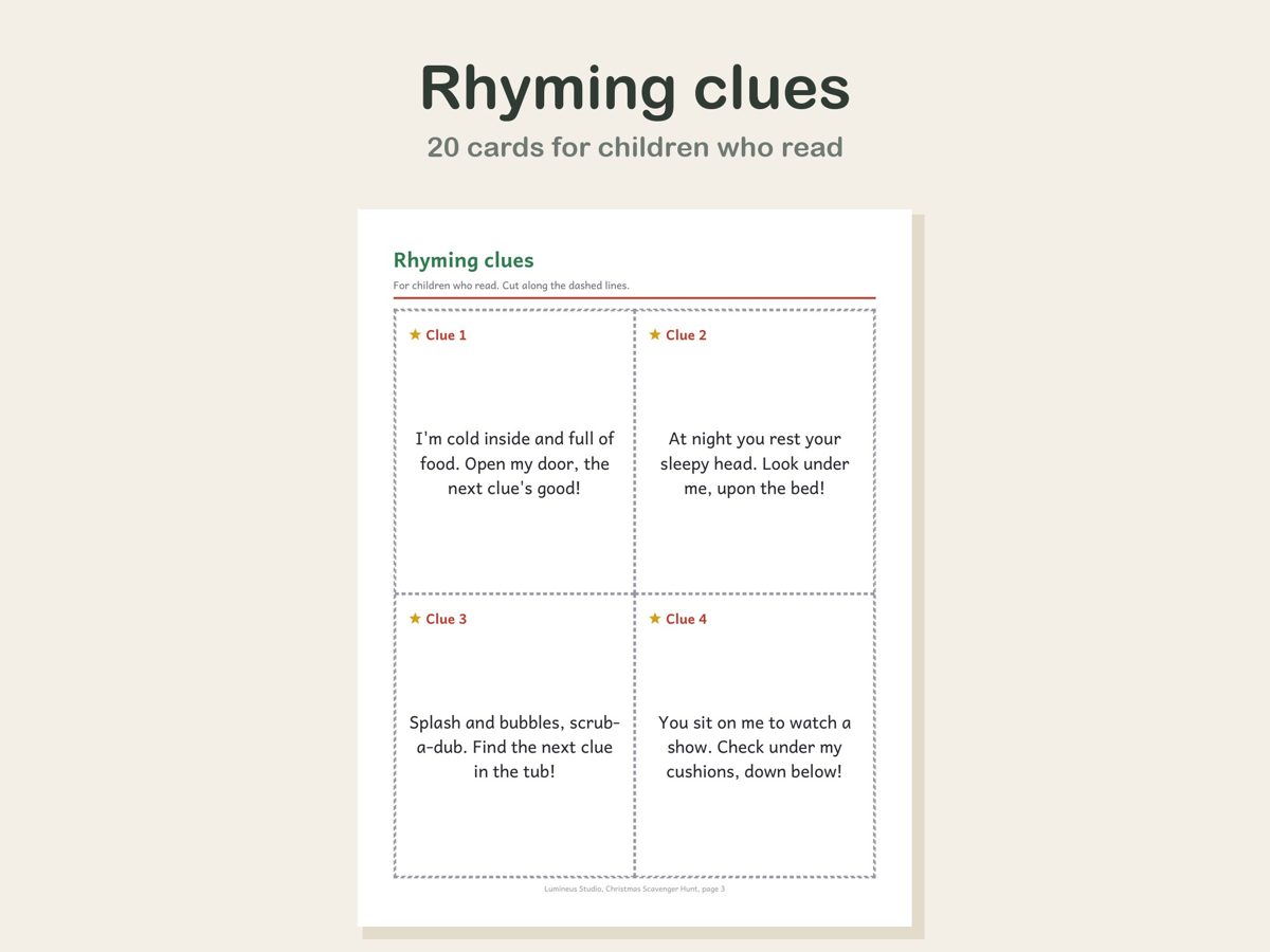 A page of four rhyming Christmas scavenger hunt clue cards with dashed cut lines