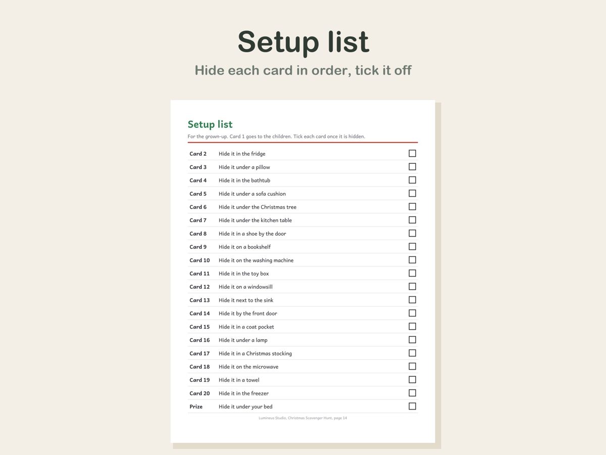 The setup list: where to hide each card, with a box to tick