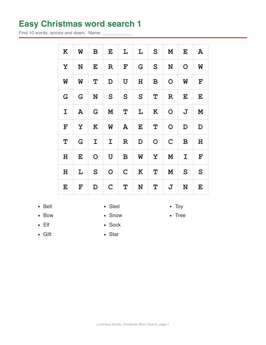 An easy 10 by 10 Christmas word search with 10 words