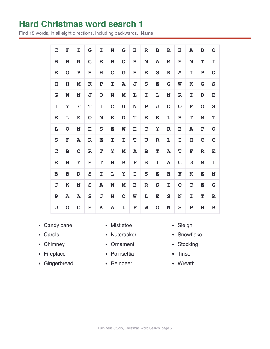 A hard 15 by 15 Christmas word search with 15 words in all eight directions