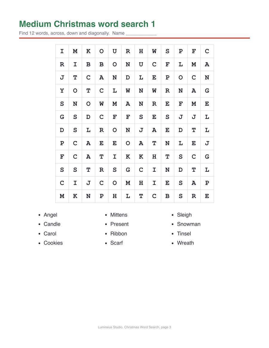 A medium 12 by 12 Christmas word search with 12 words