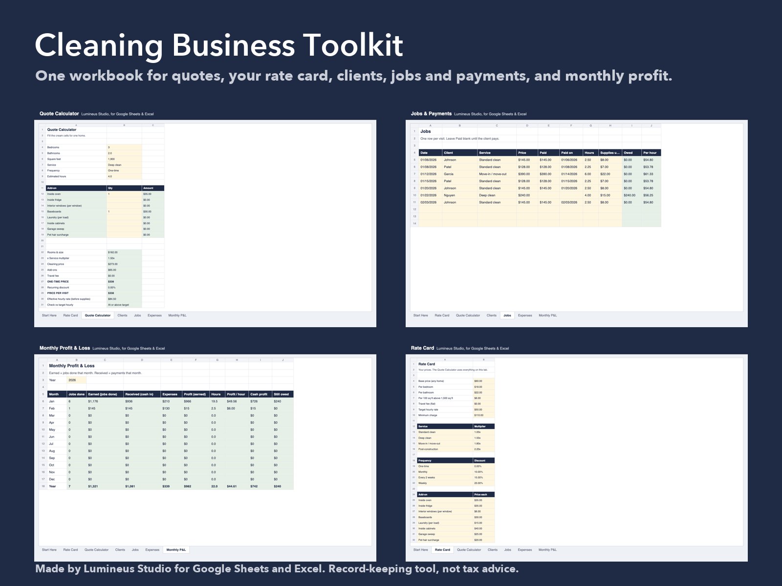 Cleaning Business Toolkit: quote calculator, jobs, monthly profit and rate card tabs