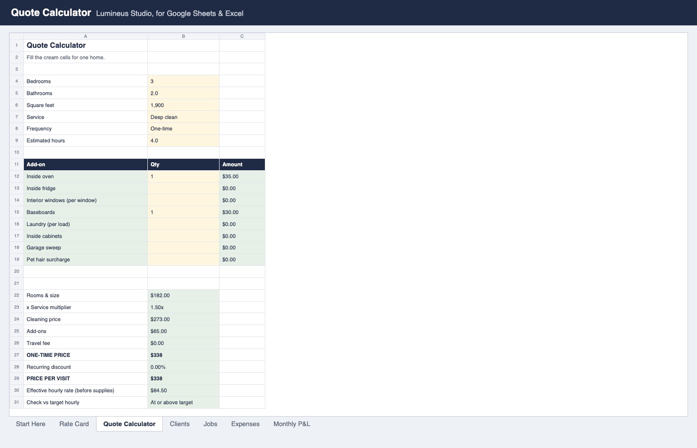 Quote calculator with add-ons and hourly rate