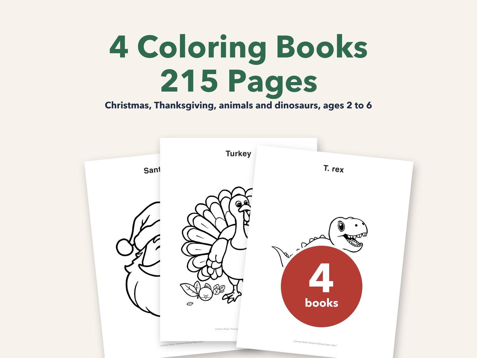 Coloring book bundle: Christmas, Thanksgiving, animal and dinosaur coloring pages