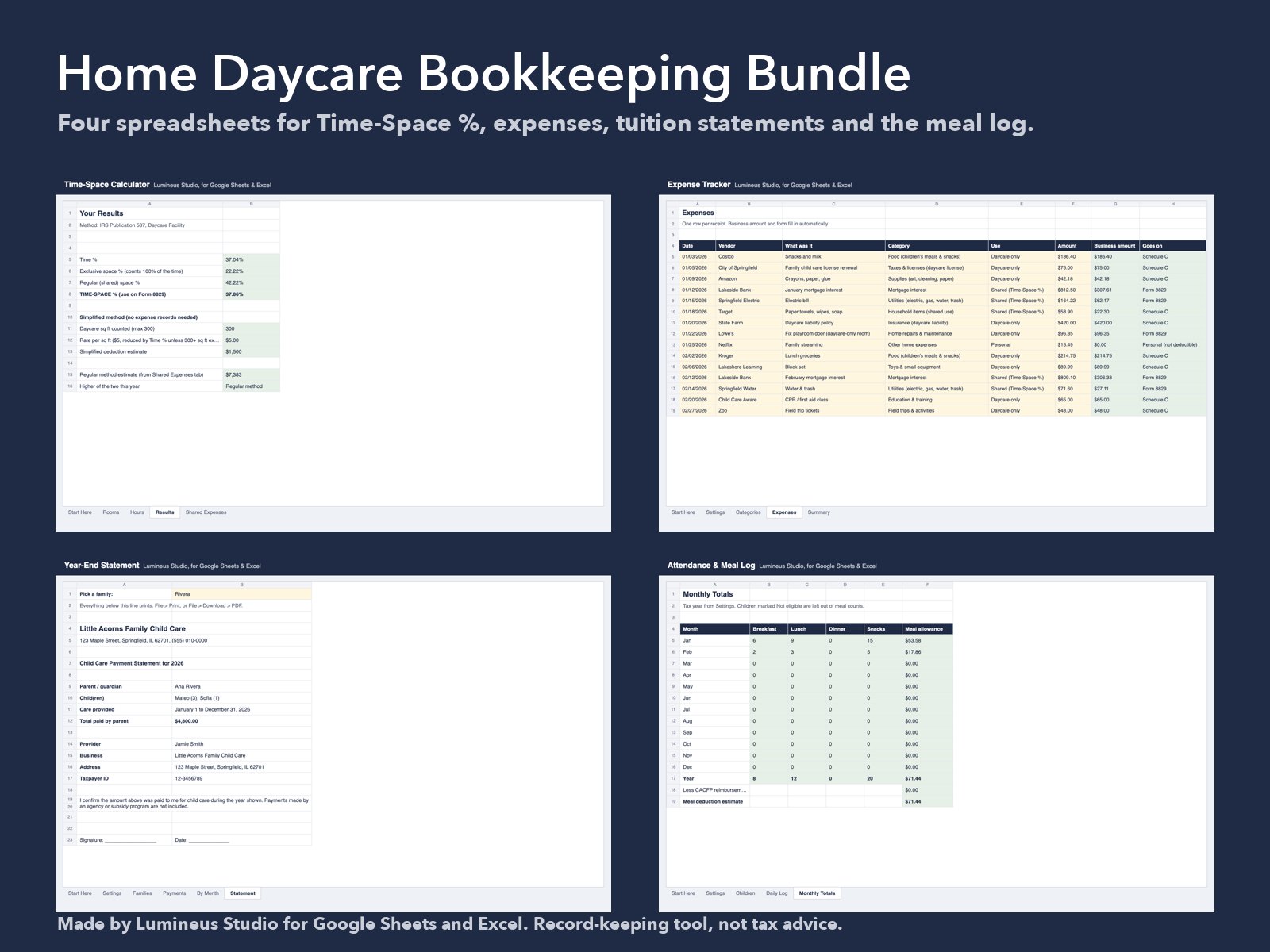 Home Daycare Bookkeeping Bundle: Time-Space calculator, expense tracker, year-end statement and meal log