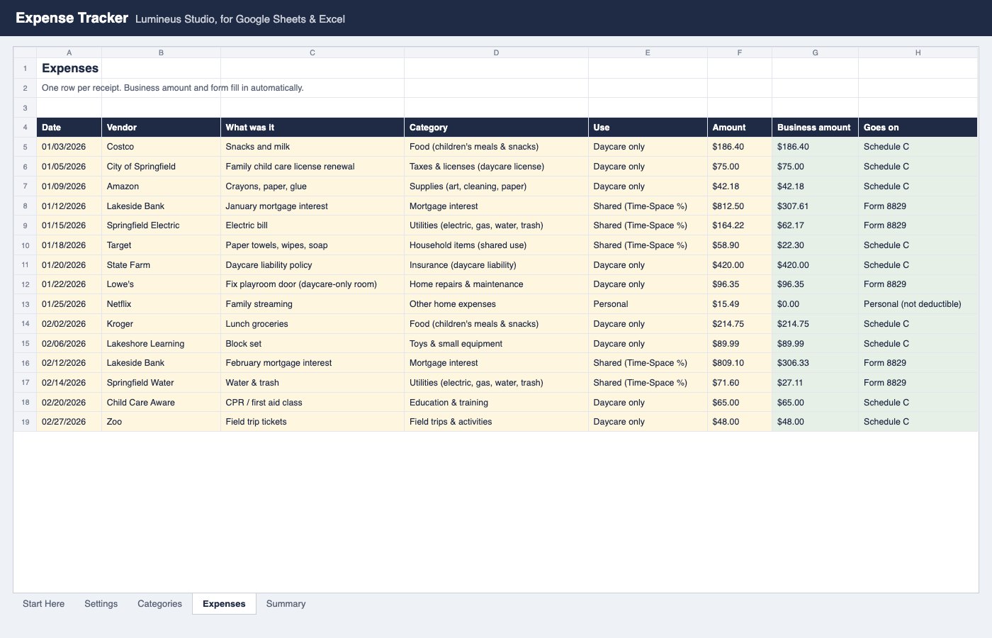 Expense tracker with daycare, shared and personal rows
