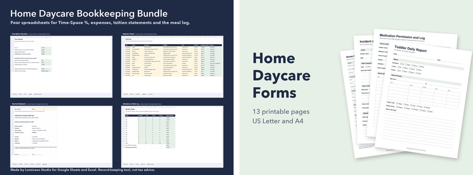 Home daycare bookkeeping spreadsheets and printable daycare forms