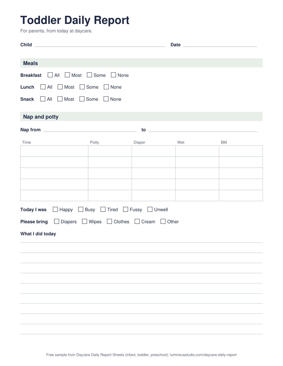 Printable toddler daily report with meals, nap, potty, mood and notes