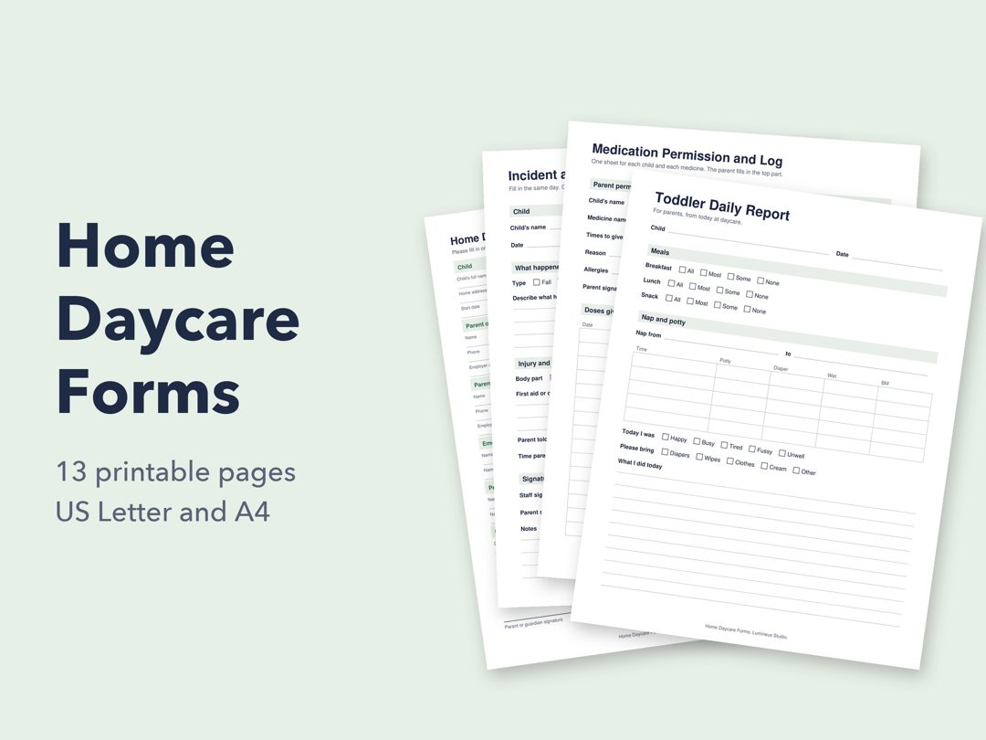 Home daycare forms: enrollment, incident report, medication log and daily report pages