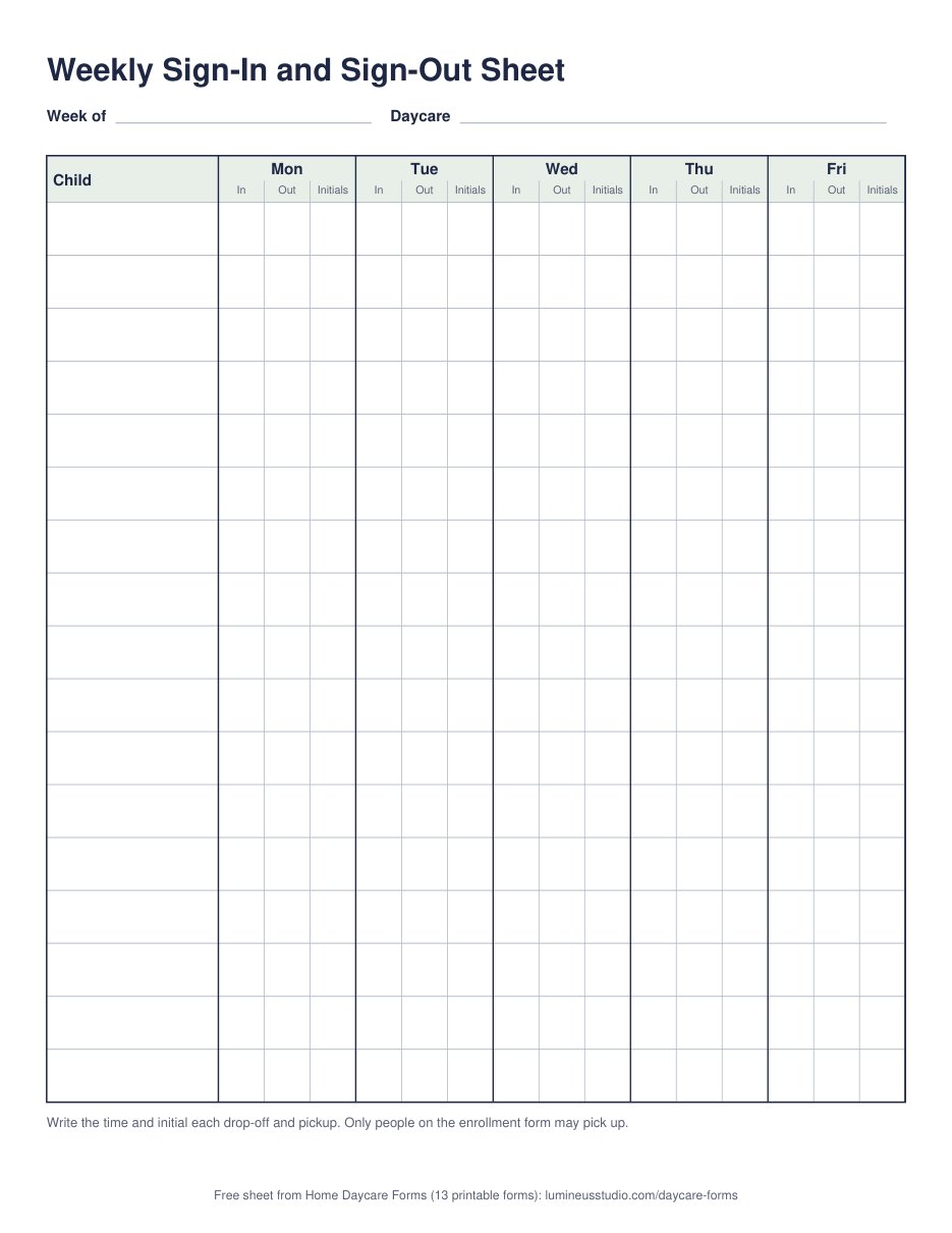 Weekly daycare sign-in and sign-out sheet with in, out and initials columns for Monday to Friday