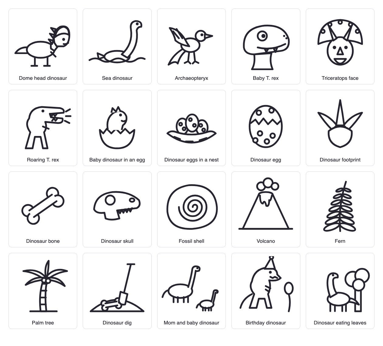 Dinosaur egg, footprint, bone, fossil and volcano coloring pages