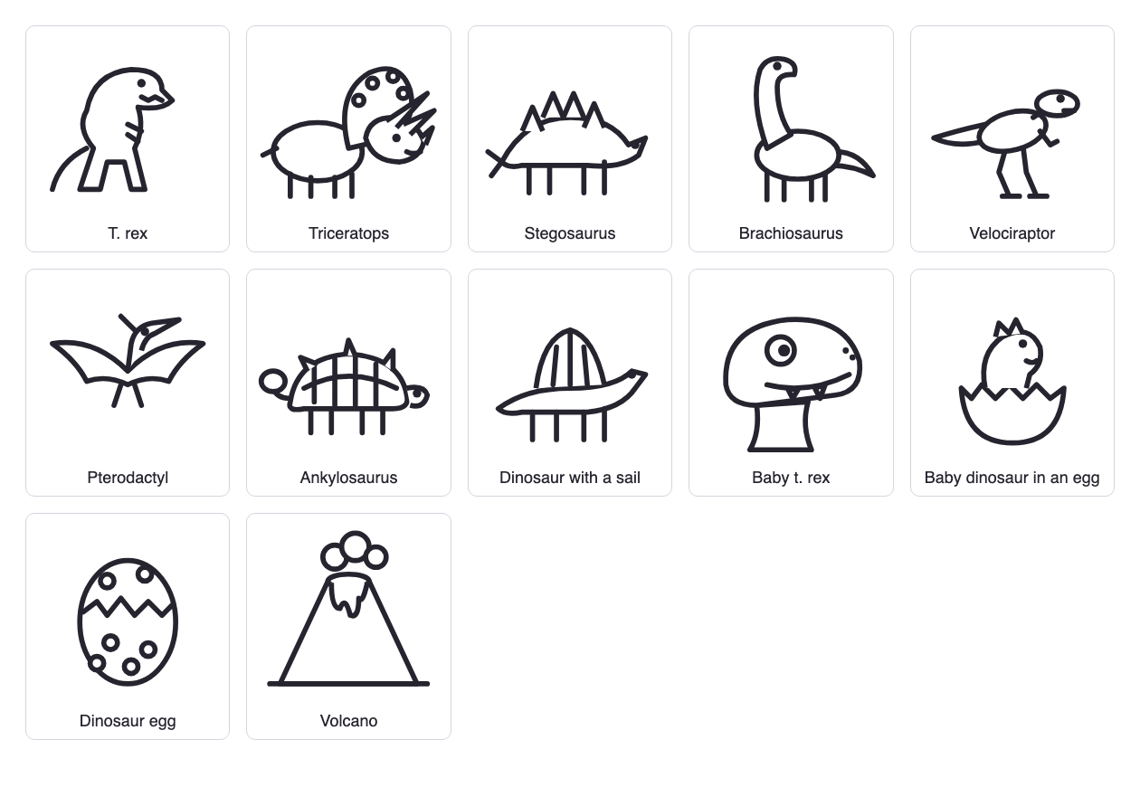 All 12 dinosaur coloring pictures: T. rex, triceratops, stegosaurus, brachiosaurus, velociraptor, pterodactyl, a volcano and more