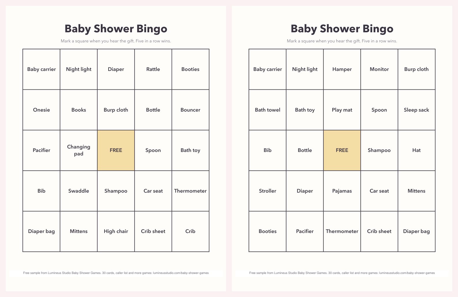 Two different baby shower bingo cards