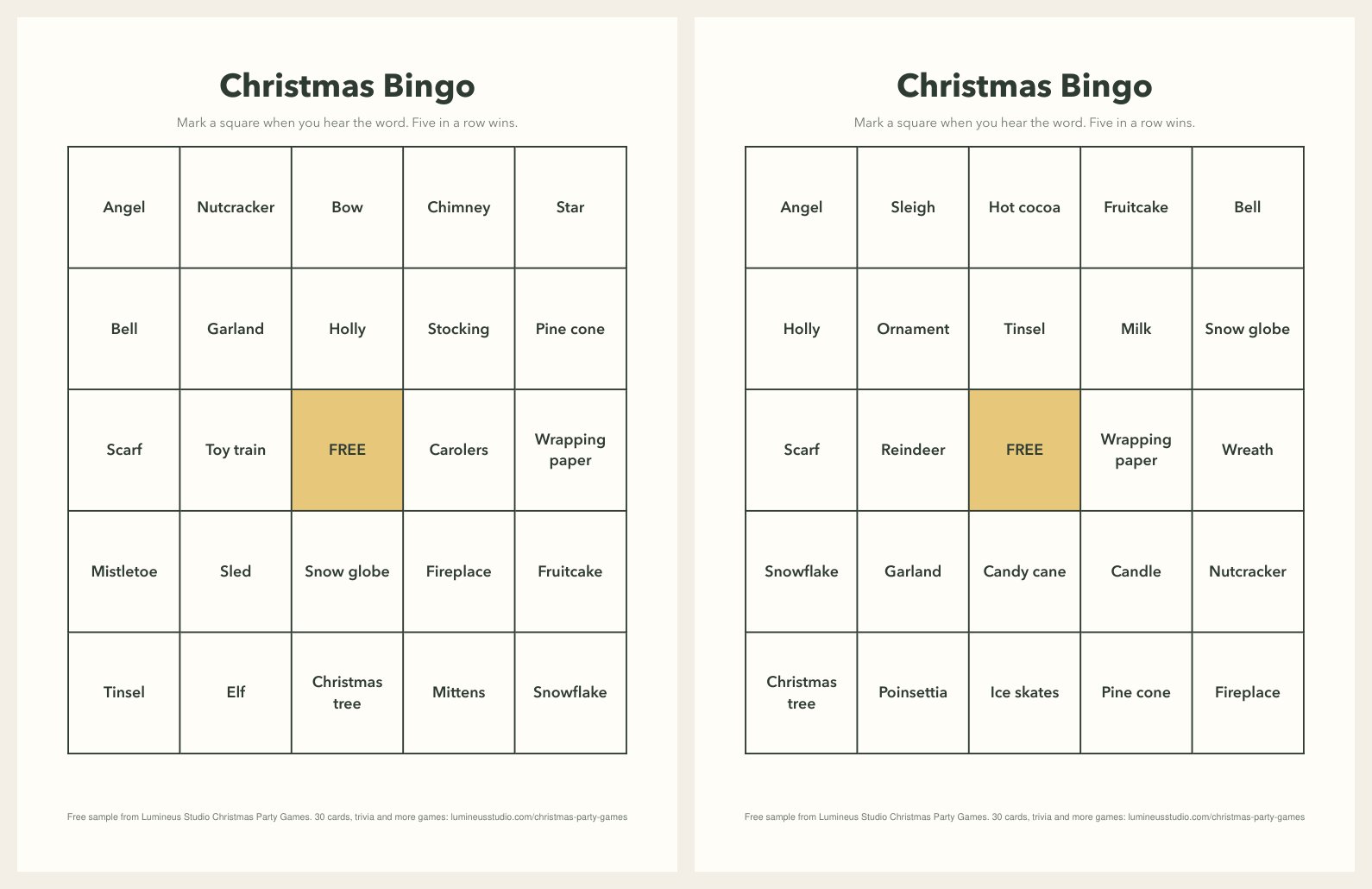 Two different Christmas bingo cards