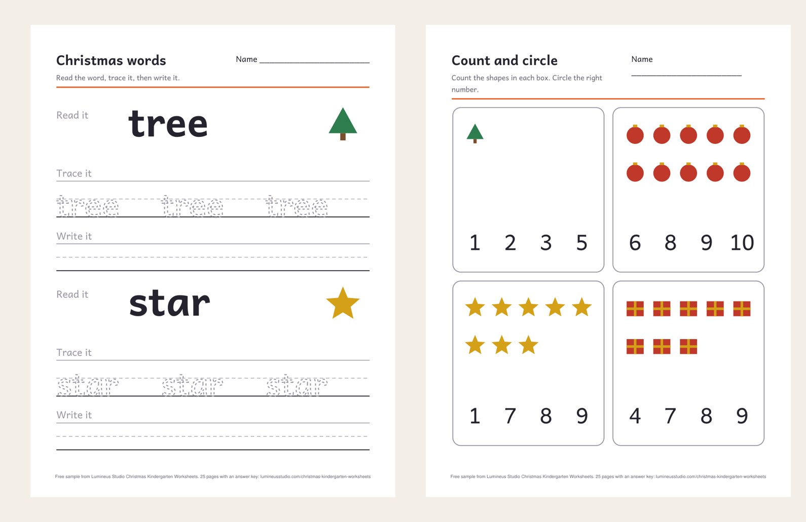 Christmas word tracing and count and circle worksheets
